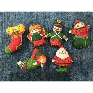 6 Vintage Christmas Ornaments Plush Fabric Stuffed Quilt Handmade Angel, Santa E